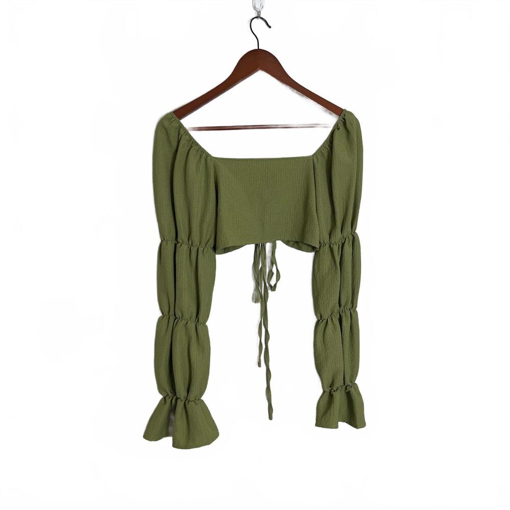 Tie Front Key Hole Long Balloon Sleeve Crop Top | Fairy Cottagecore Western Boho - Picture 5 of 6